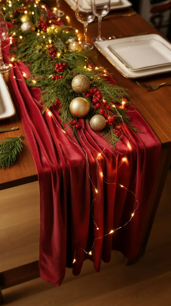 Crimson Velvet Table Dressed in Evergreen and Gold