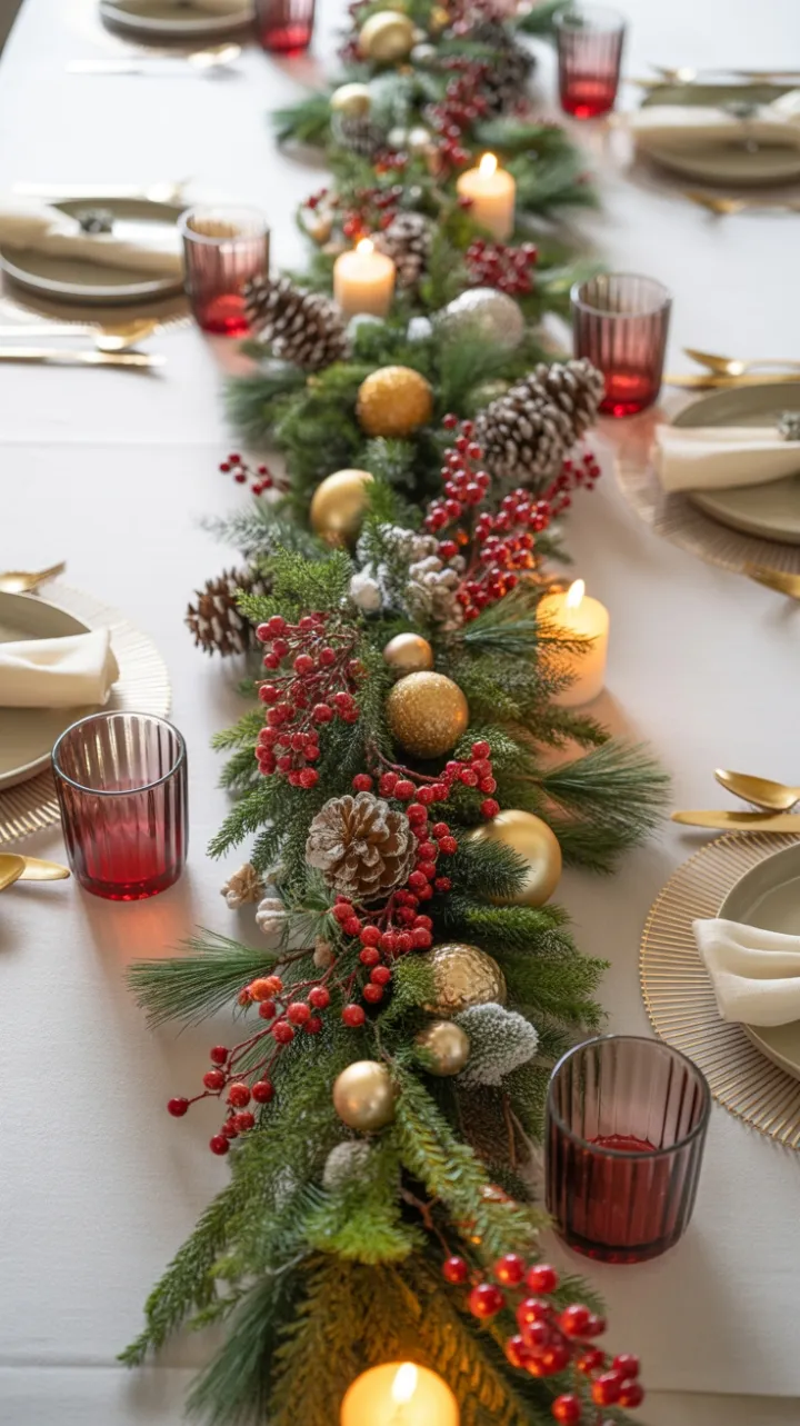 Candlelit Christmas Tablescape with Gilded Garland and Berries