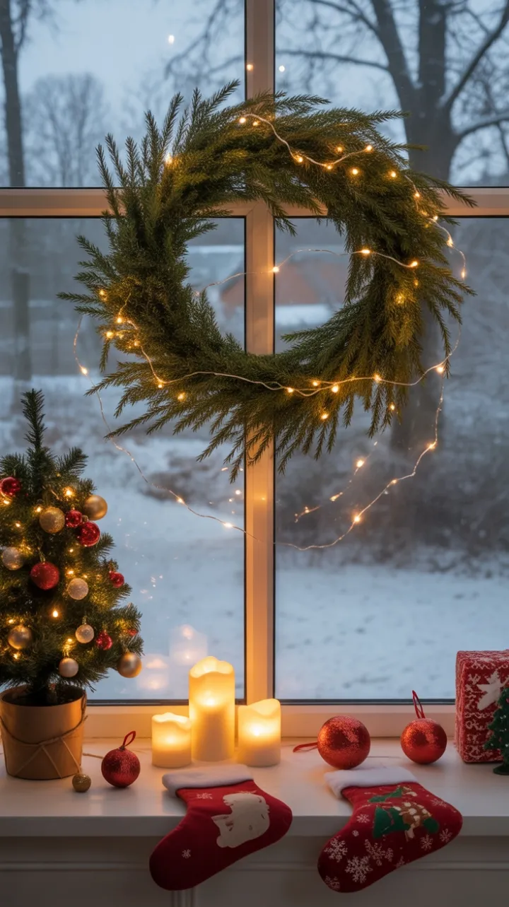 Cozy Holiday Glow Through a Snowy Window