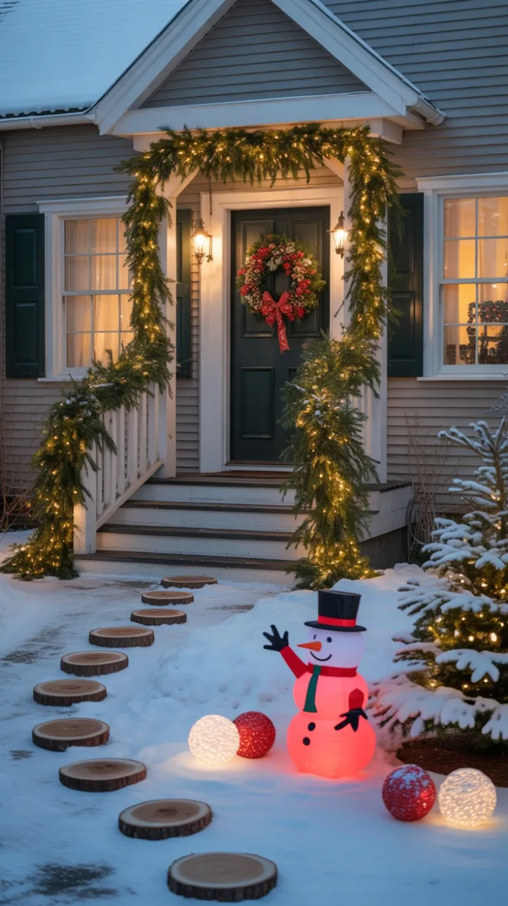 Twinkling Garland and Cozy Christmas Glow on a Snow-Kissed Porch