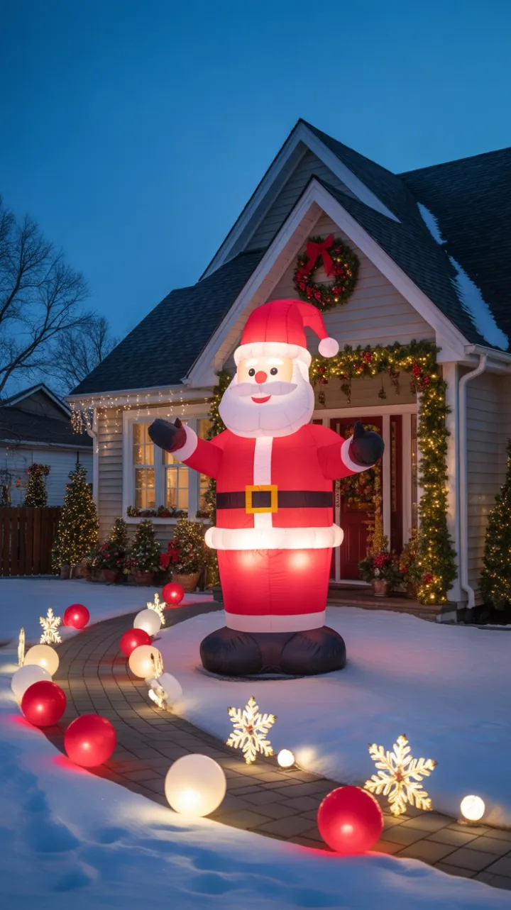 Twinkling Holiday Home with Inflatable Santa