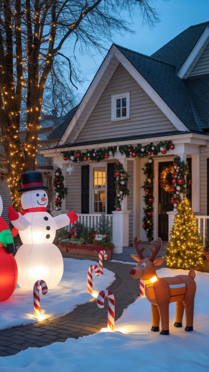Dusk-Lit Holiday Welcome with Playful Snowmen and Candy Cane Pathway