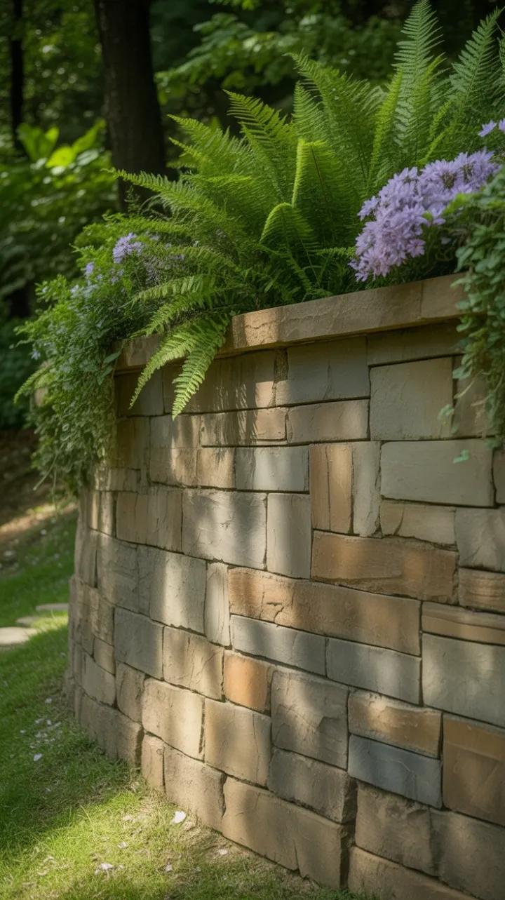 Sunlit Stone Wall Draped in Ferns and Purple Blooms