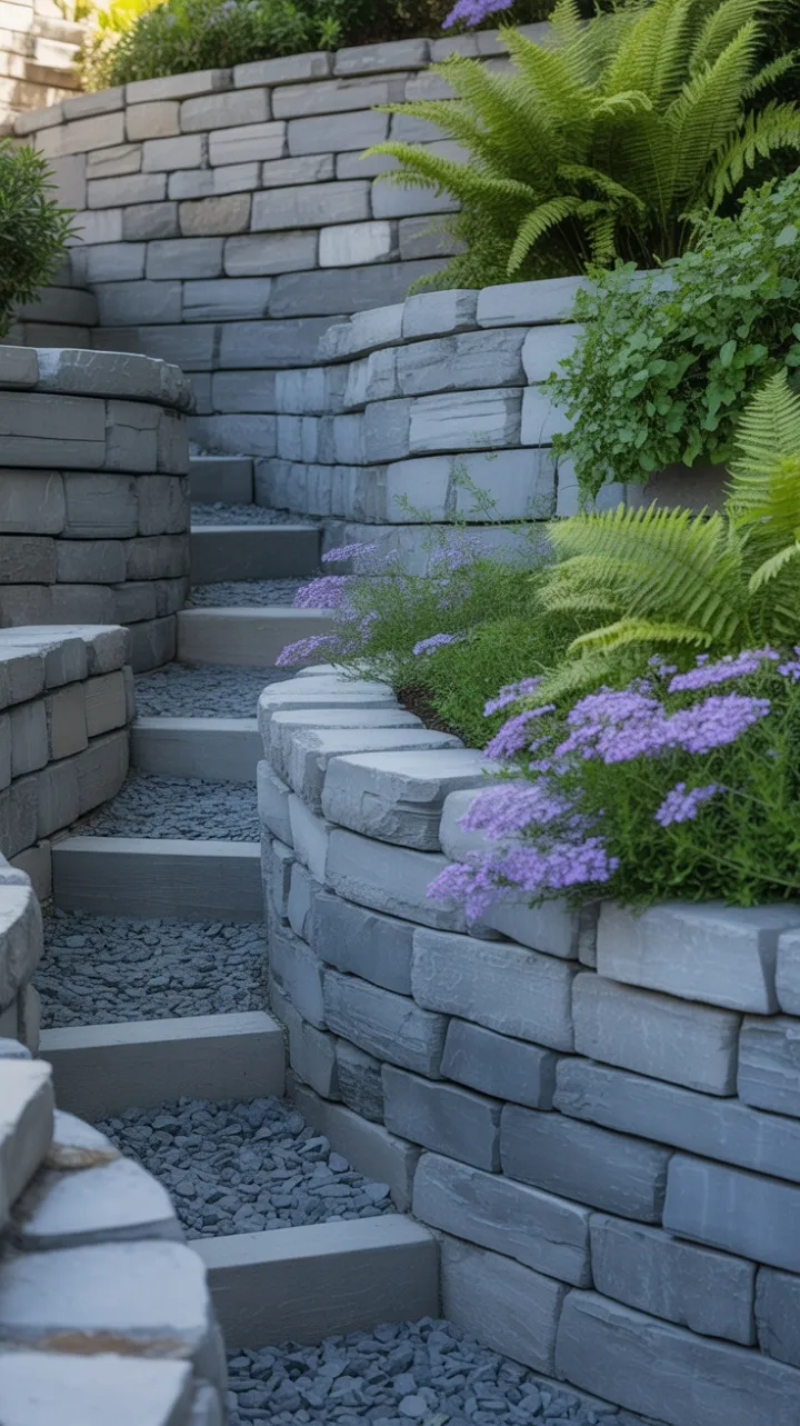 Terraced Stone Serenity with Cascading Ferns and Purple Blooms