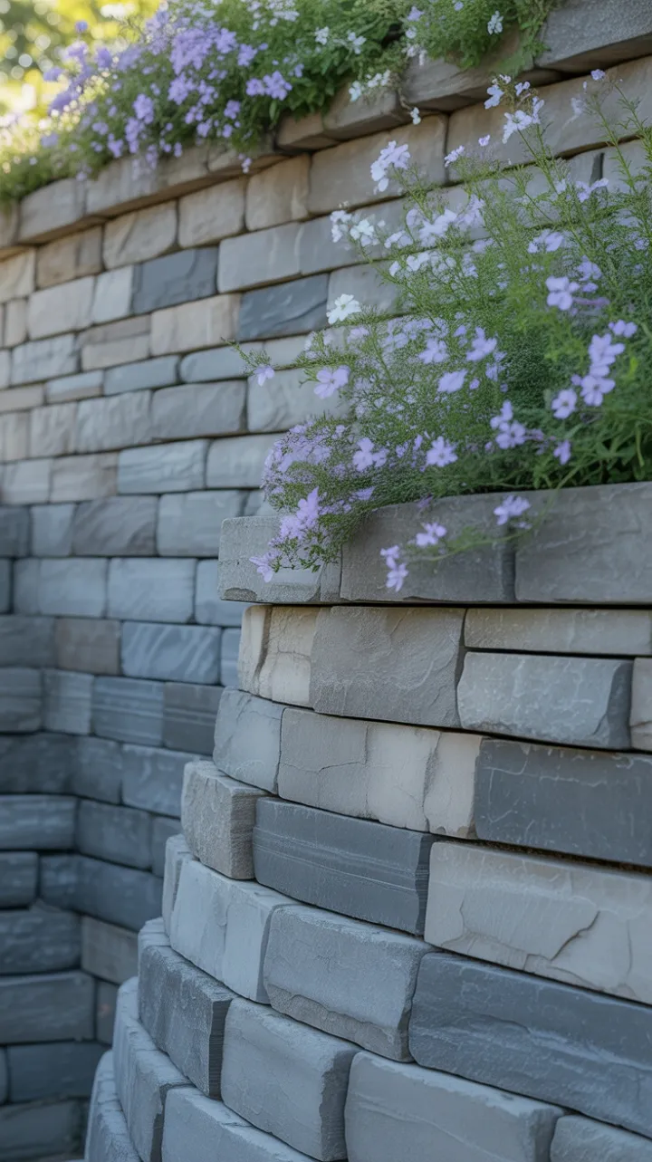Graceful Stone Terrace Draped in Cascading Purple and White Blooms