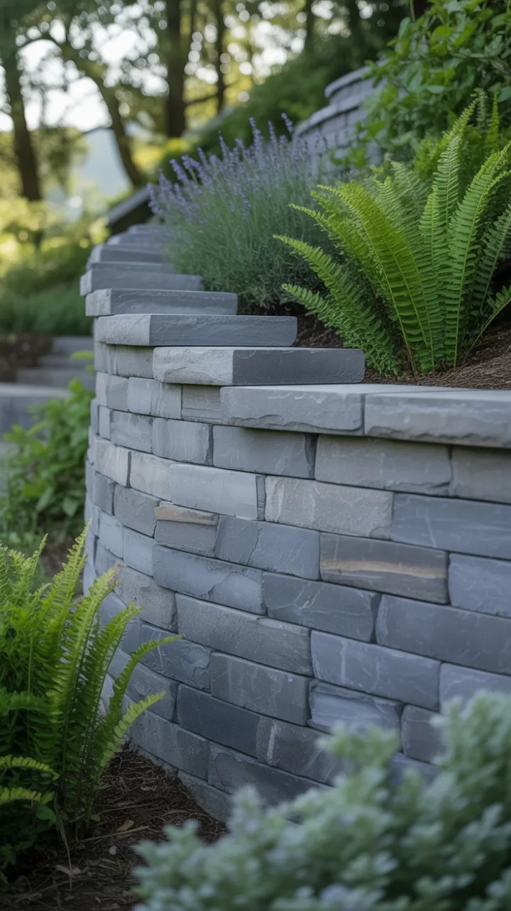 Sunlit Terraced Stone Wall Draped in Lavender and Ferns