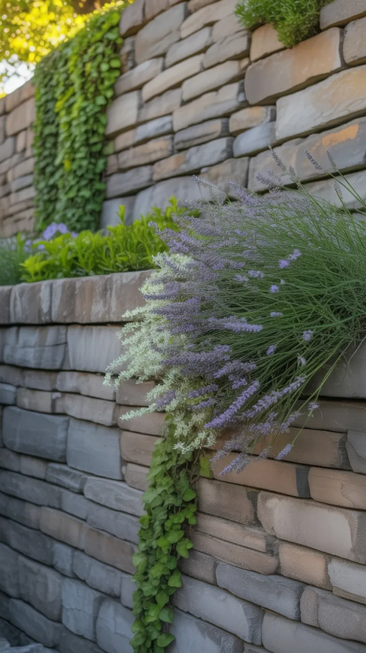 Sunlit Lavender Cascades Over Weathered Stone Terraces