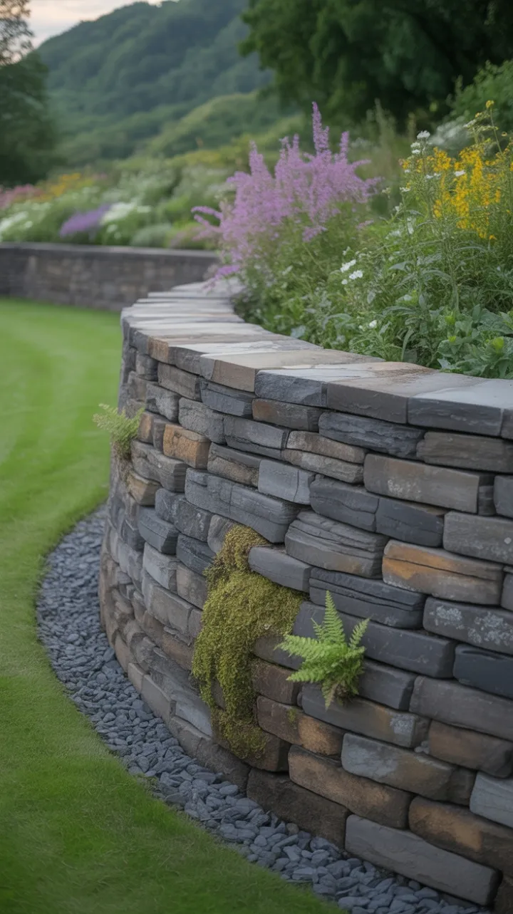 Sunlit Terraced Stone Wall Draped in Wildflowers