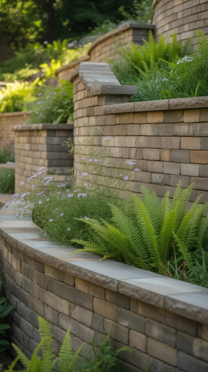 Sunlit Stone Terrace Draped in Ferns and Purple Wildflowers