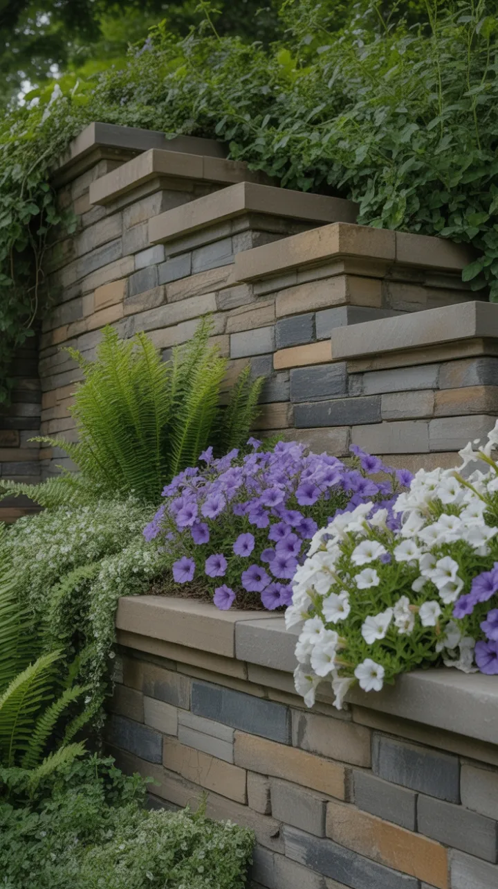 Terraced Weathered Stone Draped in Cascading Petunias