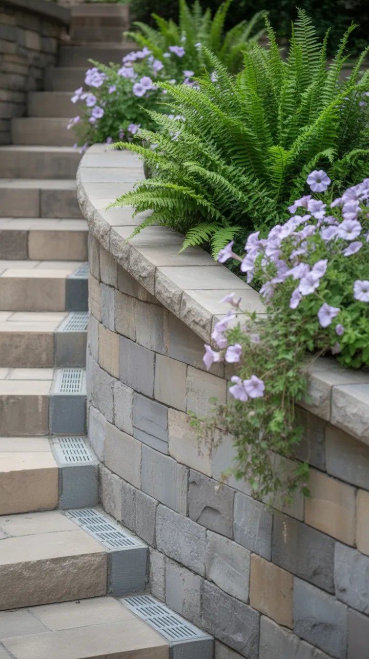 Weathered Stone Terraces Draped in Ferns and Purple Petunias