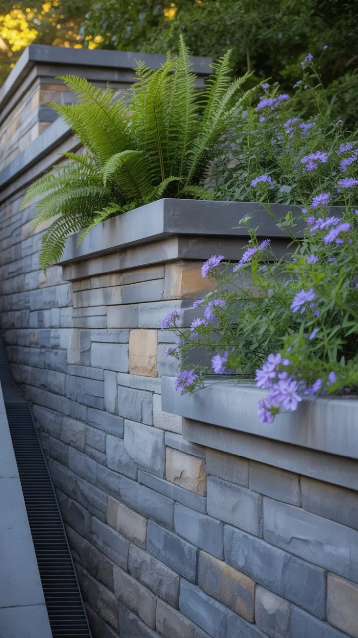 Sunlit Terraced Wall Draped in Ferns and Purple Blooms