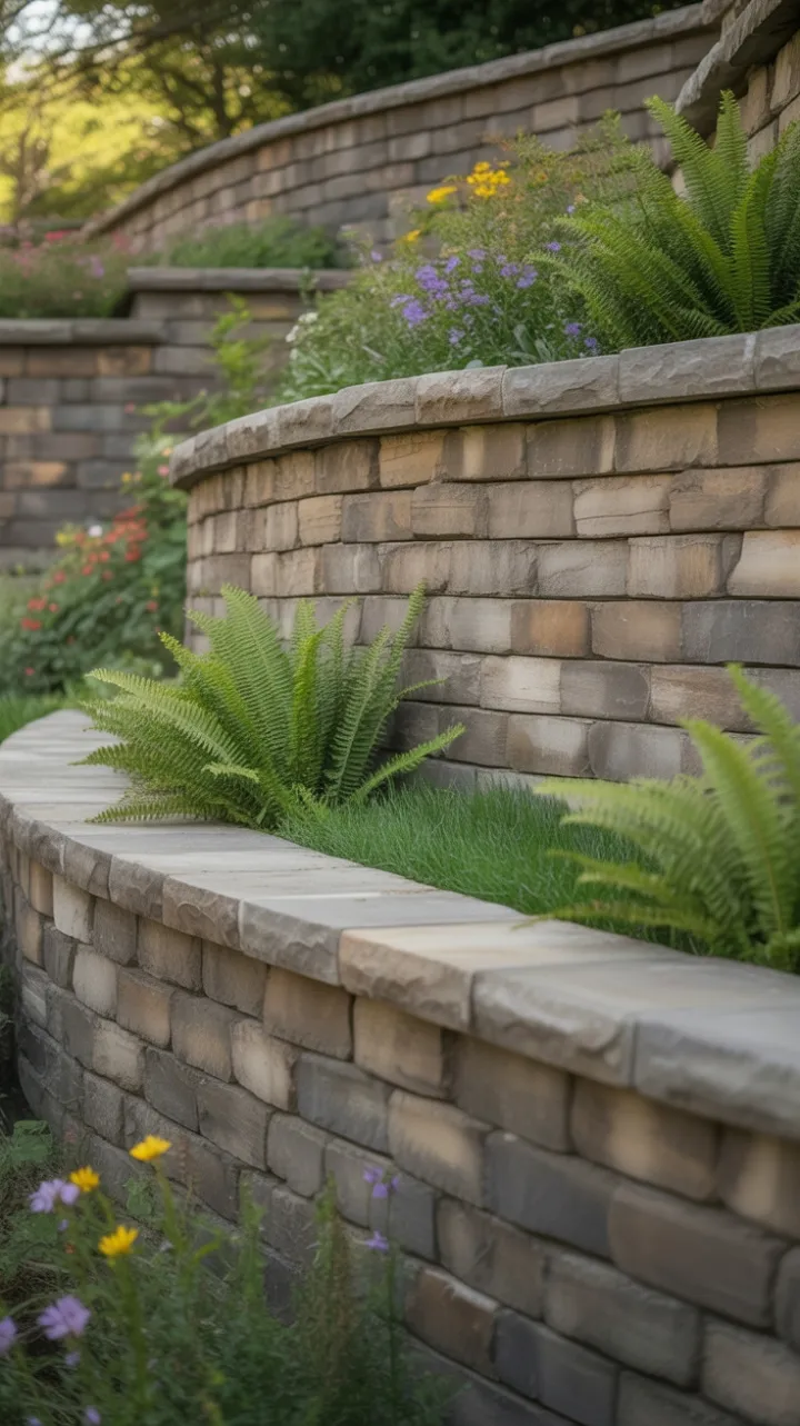 Sunlit Stone Terraces with Cascading Ferns and Wildflower Blooms