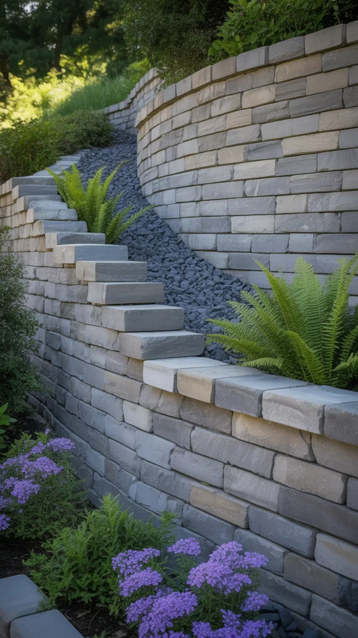 Sunlit Dry-Stacked Stone Terrace Wrapped in Ferns and Purple Blooms