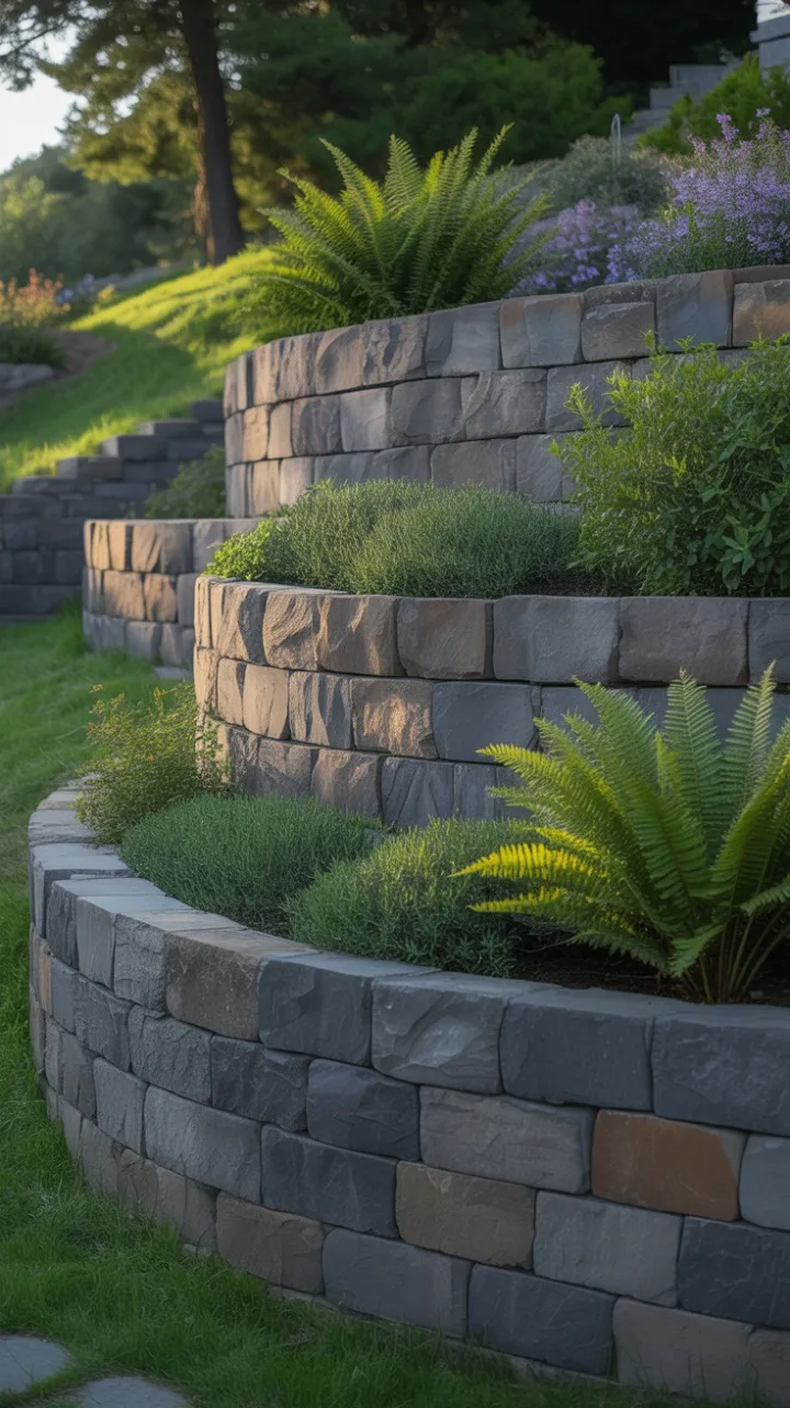 Sunlit Stone Terrace Draped in Ferns and Purple Blooms
