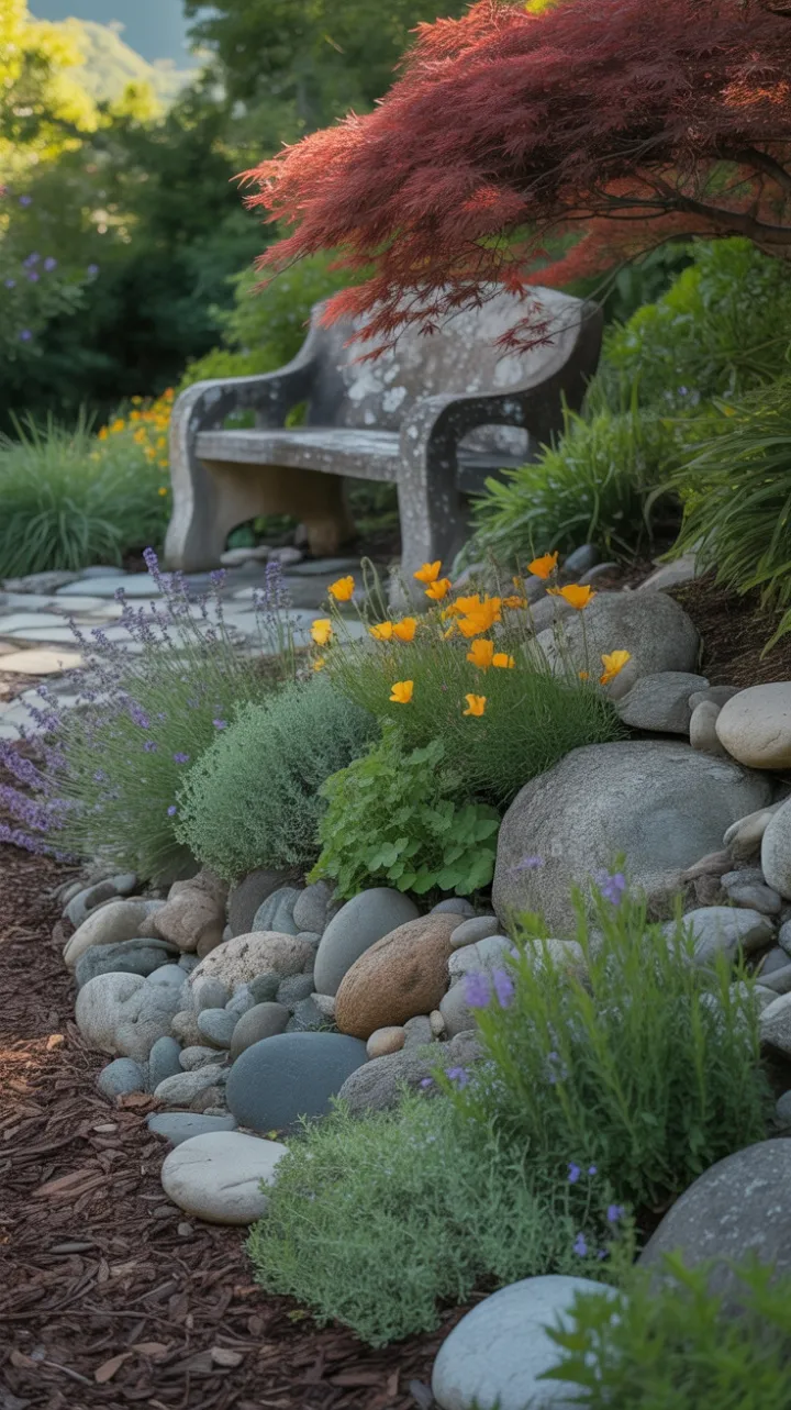 Lavender Cascades and Poppy Flames in a Sunlit Hillside Rock Garden