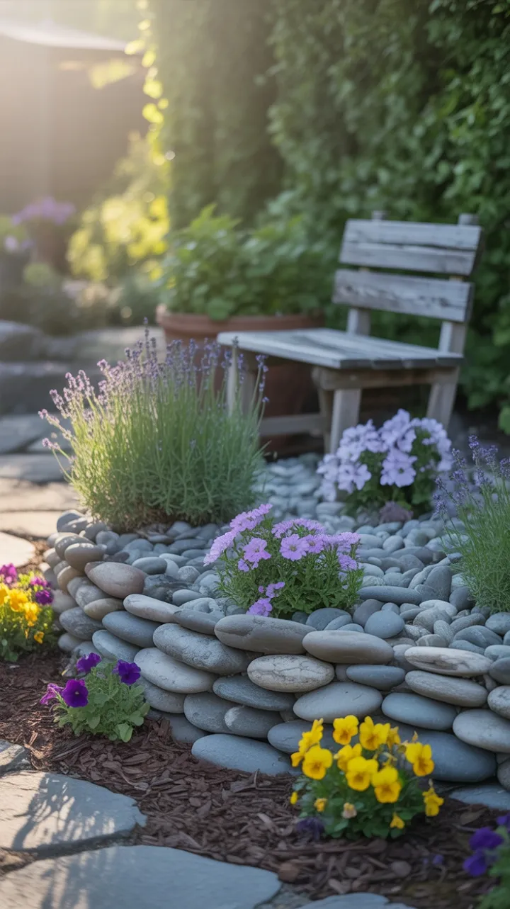 Late Afternoon Serenity with Lavender, River Stones and a Weathered Bench