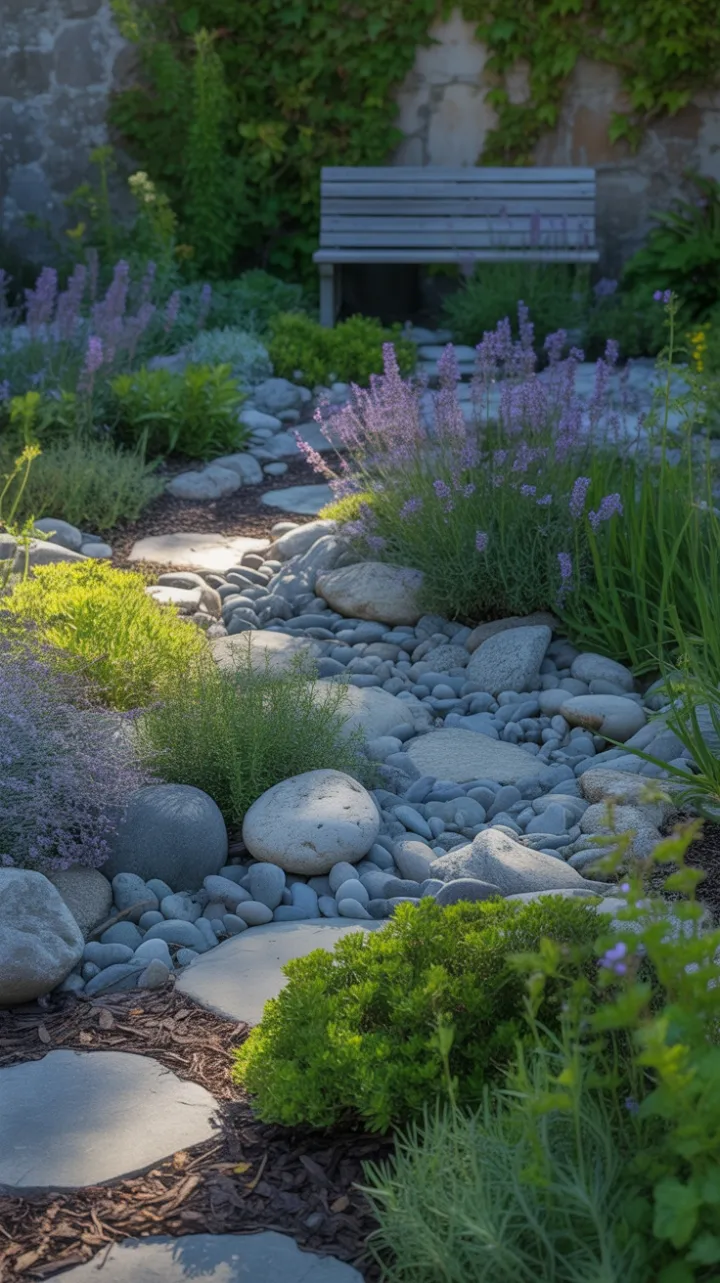 Sunlit Lavender Path to the Weathered Bench