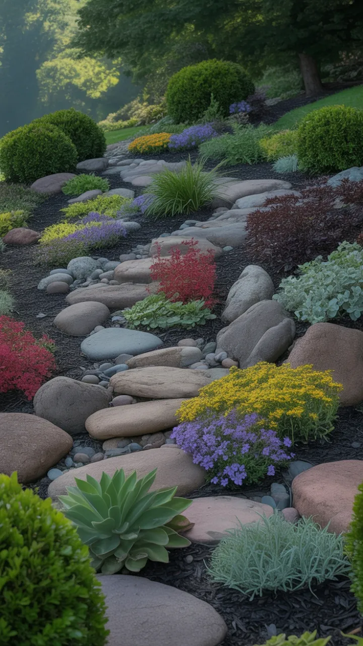 Sunlit Riverstone Slope Bursting with Purple, Gold and Red