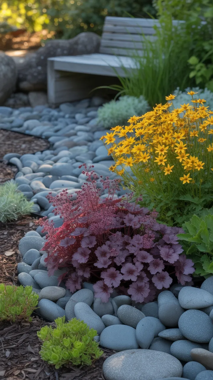 Sunlit Serenity with Purple Heuchera and Golden Coreopsis Cascading Over River Stones