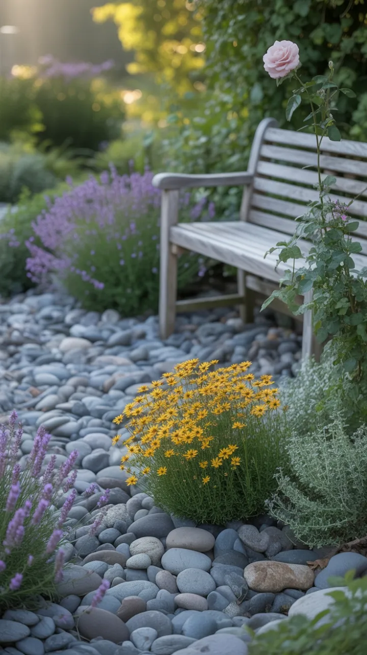 Late Afternoon Glow Over Lavender, River Stones and a Weathered Bench