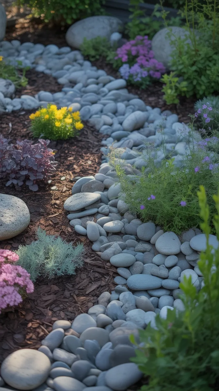 Tranquil Stone Sanctuary with Purple and Yellow Blooms