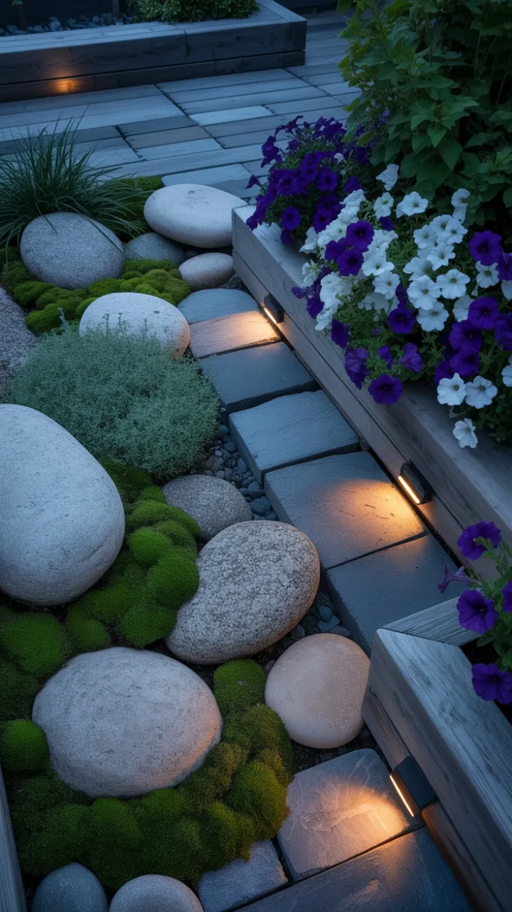 Dusk-Kissed Rock Garden with Mossy Paths and Petunia Glow
