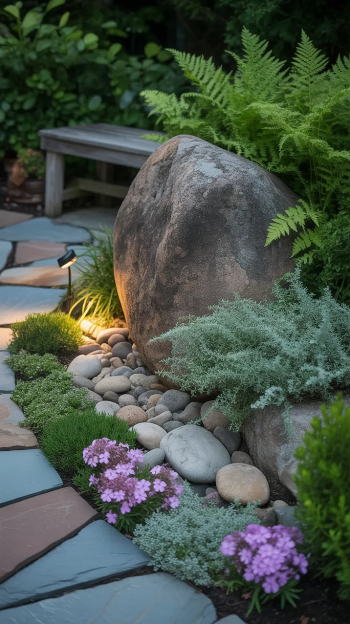 Fern-Crowned Boulder in a Tranquil Rock Garden Pathway