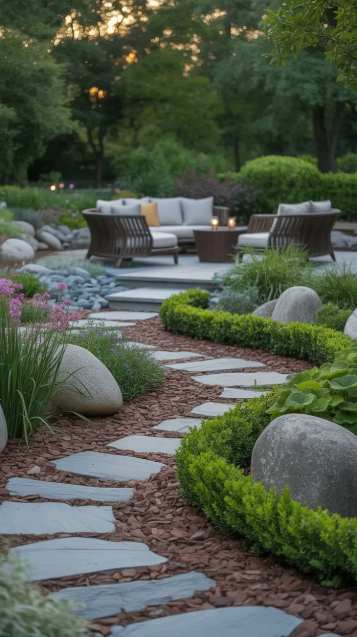 Tranquil River-Stone Garden Retreat in Golden Afternoon Light