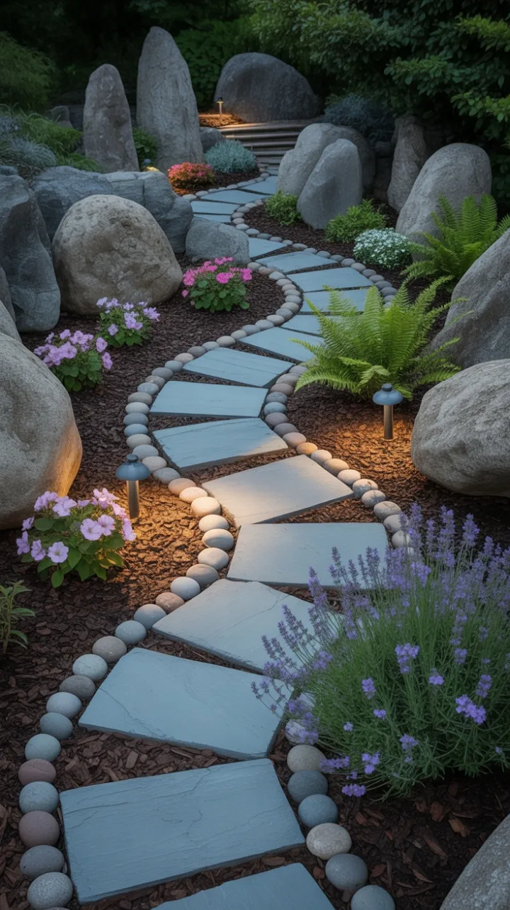 Tranquil Stone Pathway Framed by Lavender and River Rock