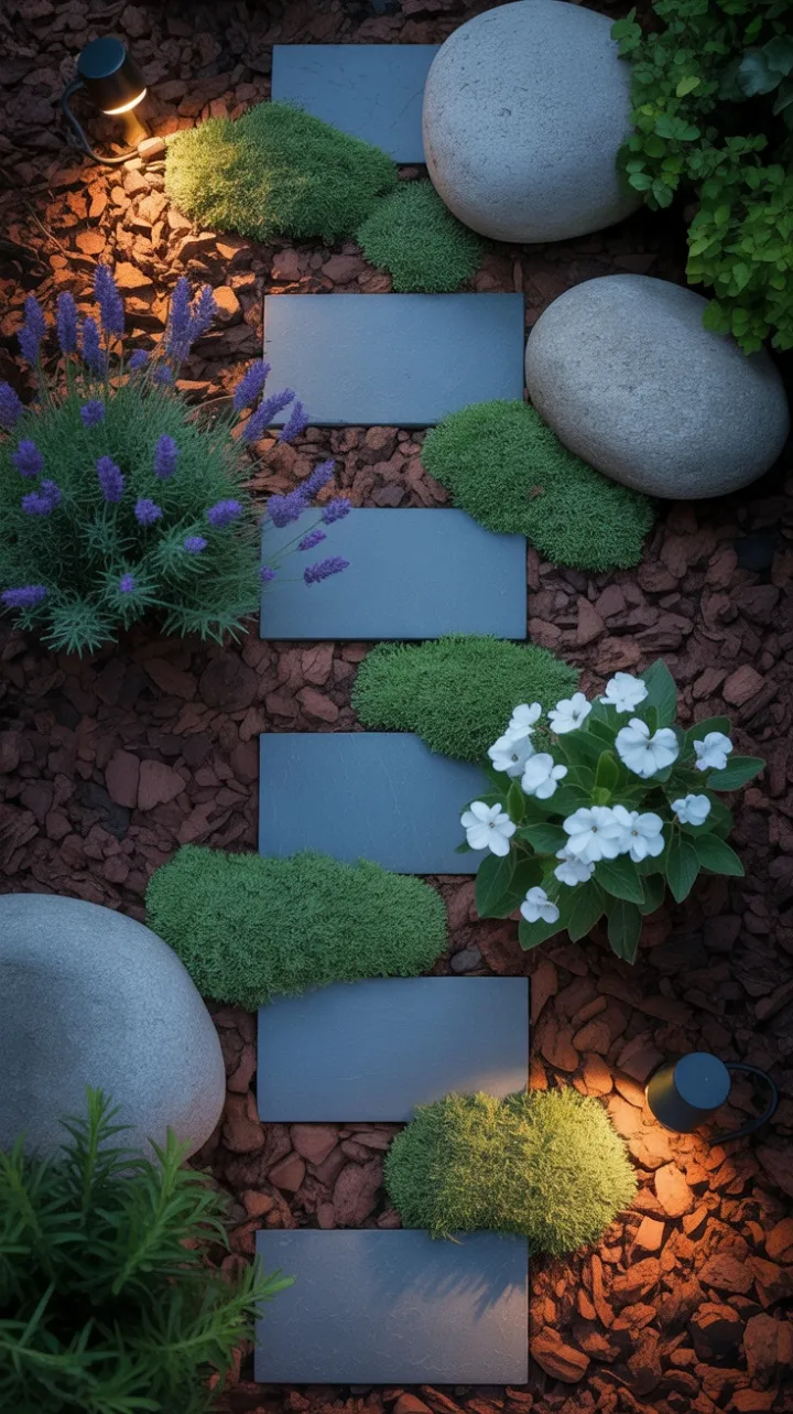 Moonlit Stone Pathway Through Lavender and Moss