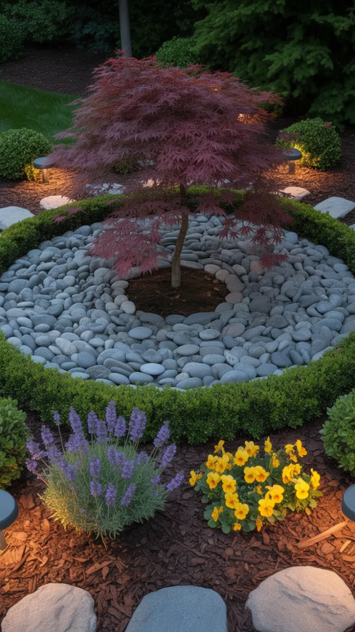 Crimson Maple Centerpiece in a Serene River Stone Garden