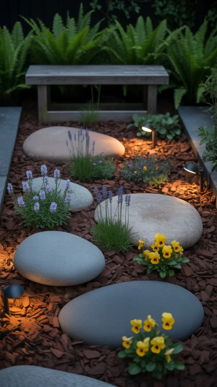 Serene Riverstone Garden Bathed in Subtle Uplight