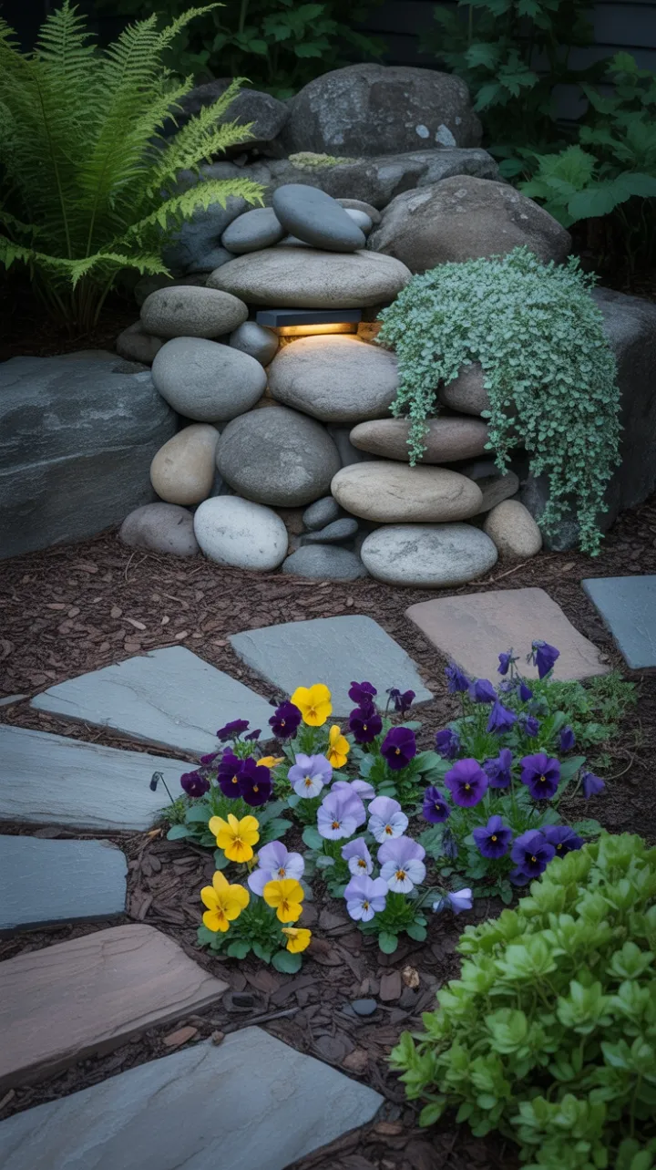 Glowing Garden Path of Pansies, River Stones, and Ferns