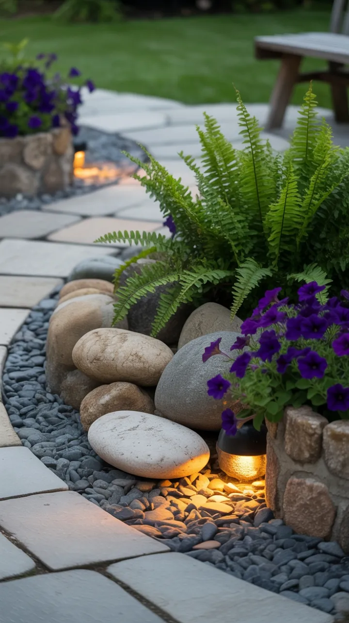 Serene Moonlit Path Through Ferns and Petunias
