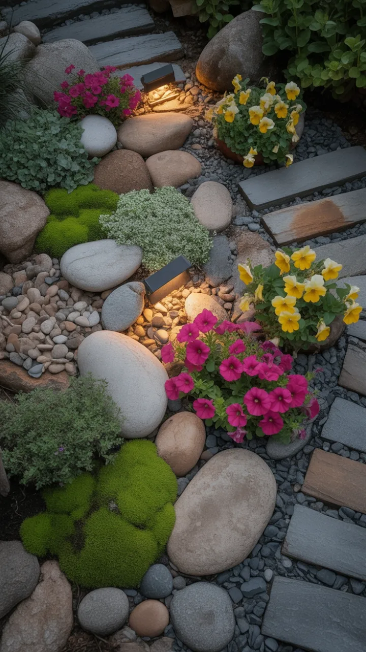 Tranquil Rock Garden of Moss, River Stones and Blooming Petunias