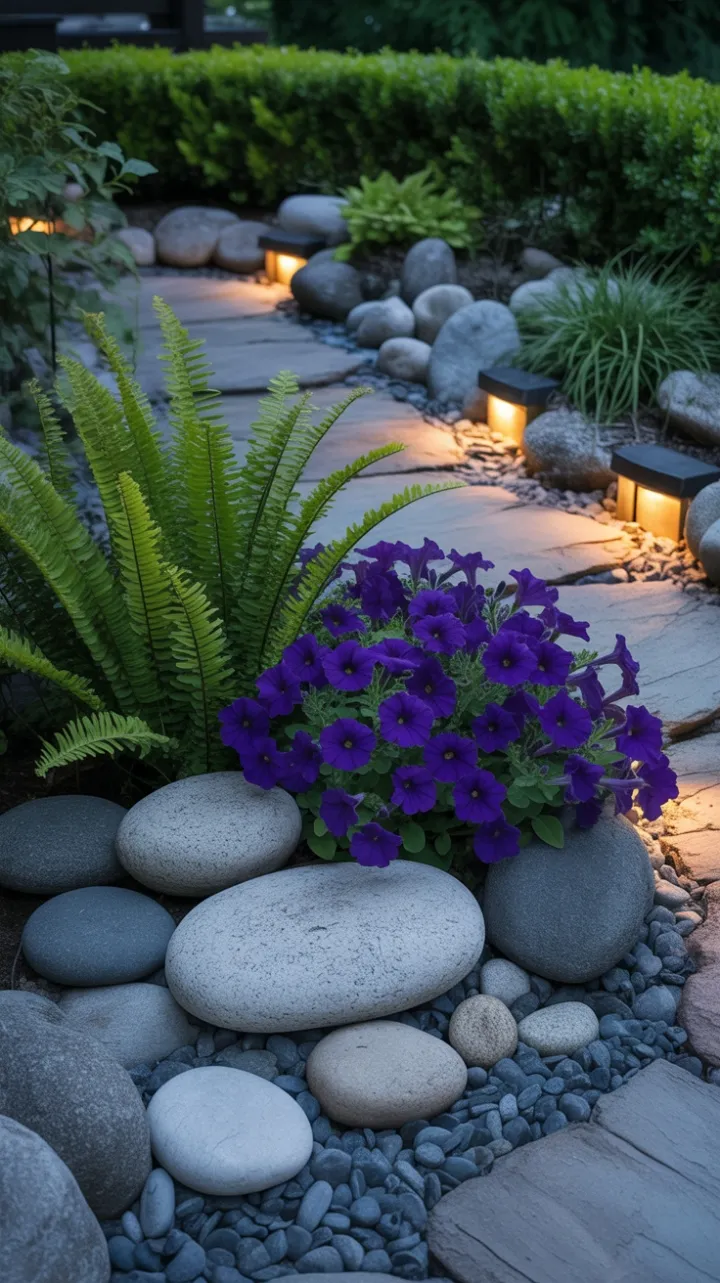 Moonlit Pathway Through Ferns and River Stone Tranquility