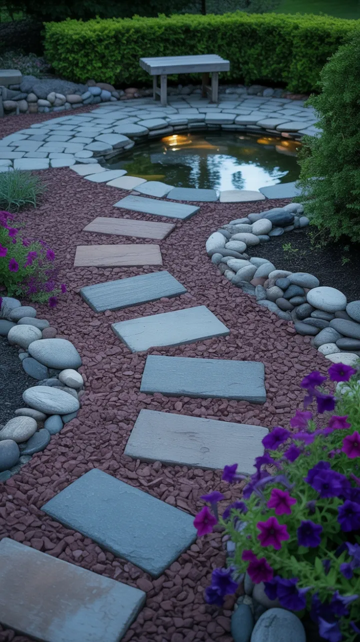 Warm-Lit Pathway Through Petunias to a Tranquil Pond