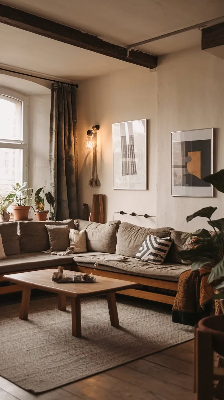 A perfectly curated space: this minimalist apartment balances rustic charm with modern comfort. The L-shaped couch invites relaxation, while the carefully chosen artwork and plants add personality. A simple wooden coffee table anchors the room, creating a warm and inviting atmosphere.