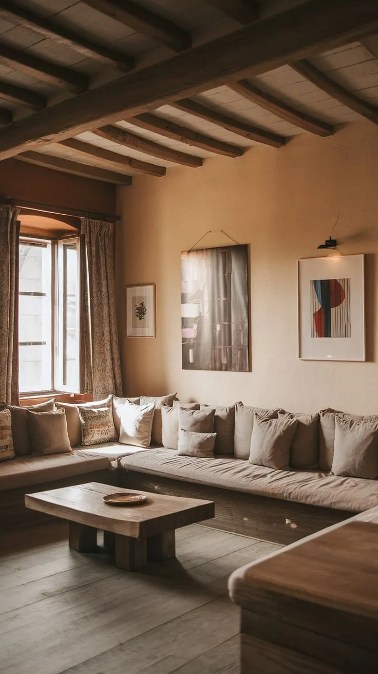 This rustic apartment's L-shaped couch creates the perfect cozy nook for relaxing evenings. The warm lighting and minimalist design, accented by carefully chosen artwork, make it a haven of comfort and style. A perfect blend of rustic charm and modern simplicity.