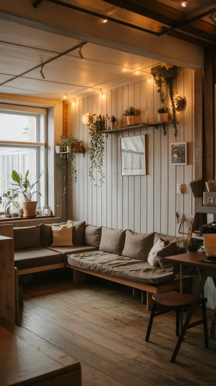 Find your sanctuary in this rustic apartment. The warm glow of the lighting, the comforting L-shaped couch, and the minimalist aesthetic create a space that feels both inviting and effortlessly stylish. Wooden walls and floors, along with a touch of greenery, add to the overall sense of calm and natural beauty. A perfect blend of rustic charm and modern simplicity.