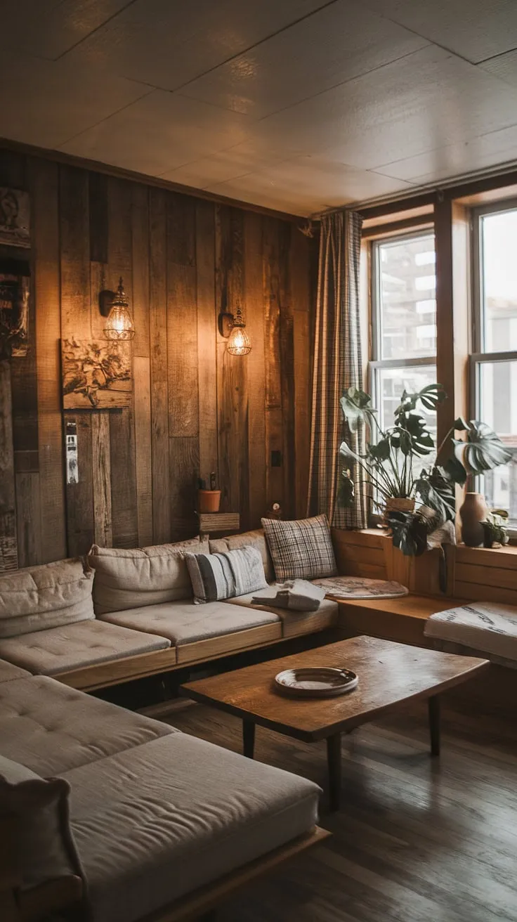 Find your sanctuary in this cozy rustic apartment. The L-shaped couch invites conversation and relaxation, while the wooden coffee table and warm lighting create a welcoming ambiance. A testament to the beauty of simple, comfortable living.