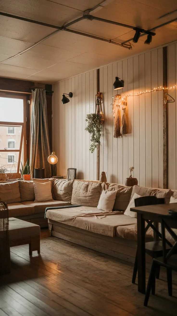 Warm lighting and rustic charm create a cozy haven in this minimalist apartment. The L-shaped couch invites relaxation, while the wooden walls and carefully chosen accents add a touch of warmth and personality. A perfect blend of comfort and style.