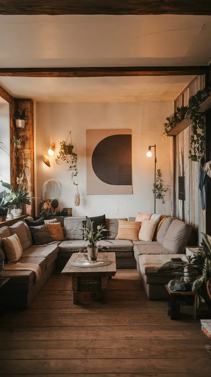This minimalist living room effortlessly blends rustic textures with contemporary design. The L-shaped sofa, wooden coffee table, and carefully curated artwork create a space that's both stylish and incredibly inviting. A perfect example of how less can be so much more.