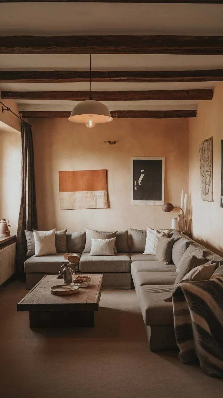 A minimalist's dream: this rustic apartment effortlessly blends comfort and style. The L-shaped couch, wooden coffee table, and thoughtfully curated art create a warm and inviting atmosphere-a testament to the power of aesthetic living.