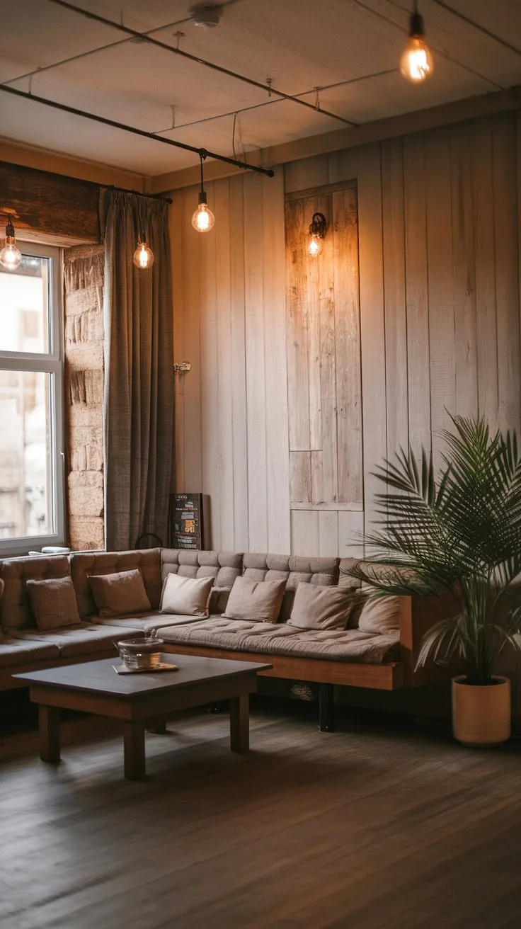 This minimalist apartment effortlessly blends rustic textures with a cozy ambiance. The warm glow of the pendant lights above the L-shaped couch highlights the rich wooden floors and paneling, creating a space that feels both sophisticated and inviting. A simple coffee table and a single plant add the perfect finishing touches.