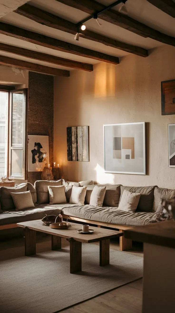 A perfectly balanced blend of rustic charm and minimalist design. This apartment's L-shaped couch, wooden coffee table, and warm lighting create an inviting atmosphere. A few carefully selected art pieces add character without overwhelming the space, resulting in a cozy and aesthetically pleasing living area.