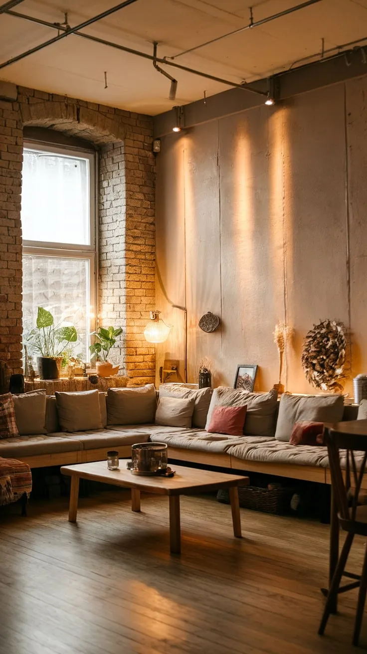 This rustic apartment's minimalist design, with its warm lighting and exposed brick walls, creates a cozy and inviting atmosphere. The L-shaped couch, wooden coffee table, and strategically placed plants contribute to the overall sense of calm and comfort. A perfect blend of rustic charm and modern simplicity.