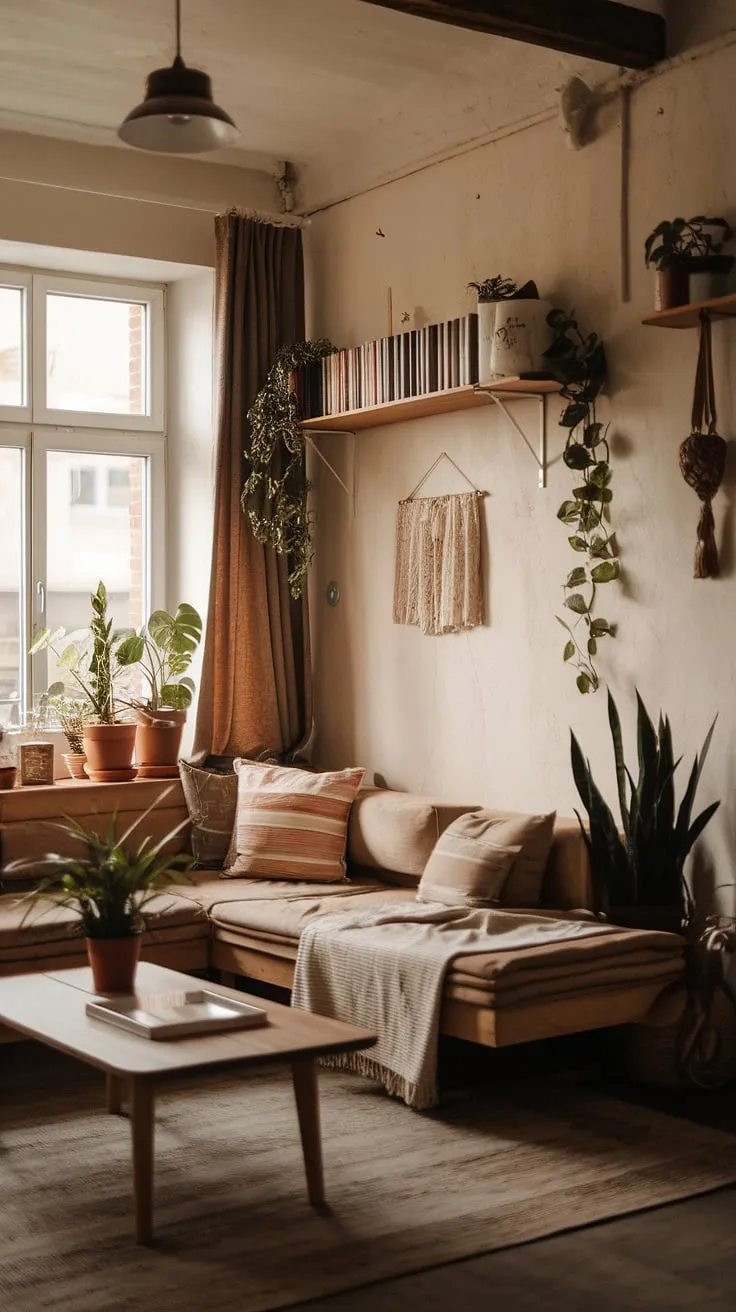 This rustic apartment's minimalist design creates a cozy haven, perfectly illuminated by warm lighting. The L-shaped couch, nestled near the window, invites relaxation, while potted plants and a wooden coffee table add to the home's rustic charm. A few carefully chosen hanging items and a shelf brimming with books complete the inviting atmosphere. The overall effect is a space that feels both simple and deeply comforting.