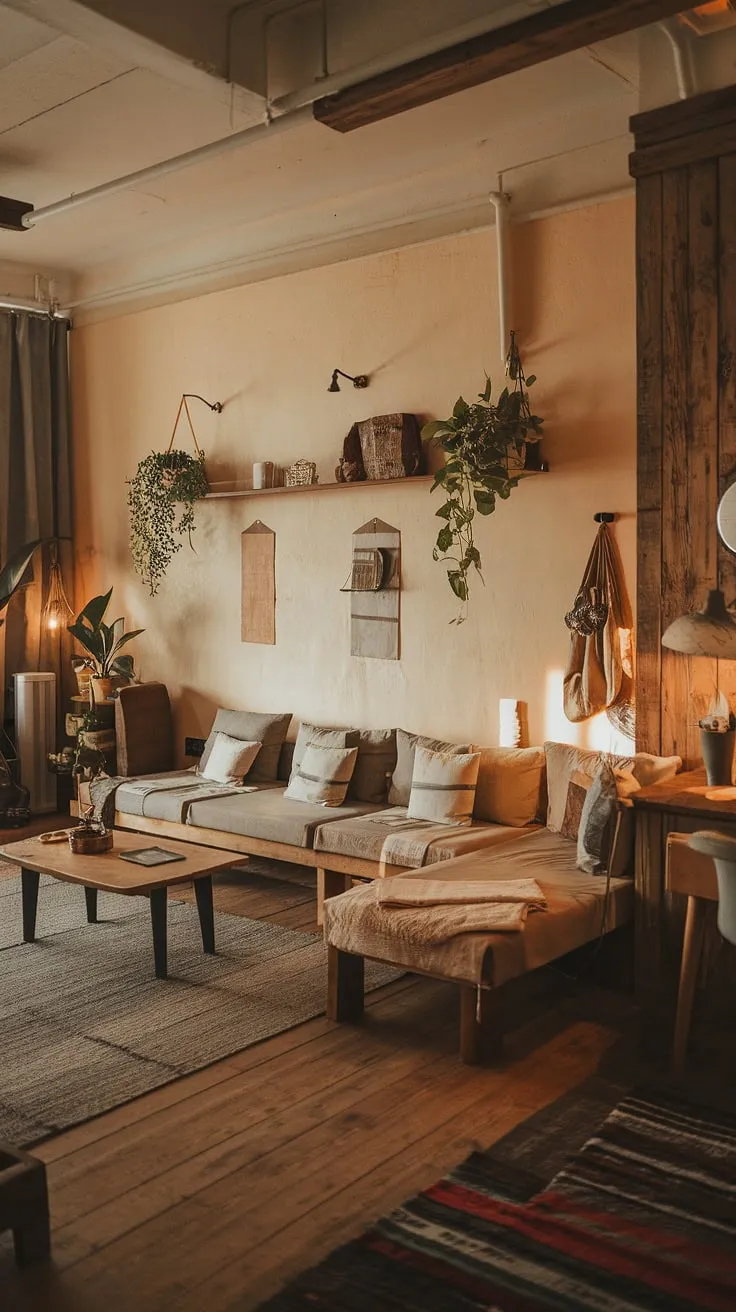 This rustic apartment effortlessly blends minimalist design with cozy comfort. Warm lighting, wooden accents, and a few carefully chosen personal items create a space that feels both stylish and inviting. The L-shaped couch beckons you to relax and unwind.